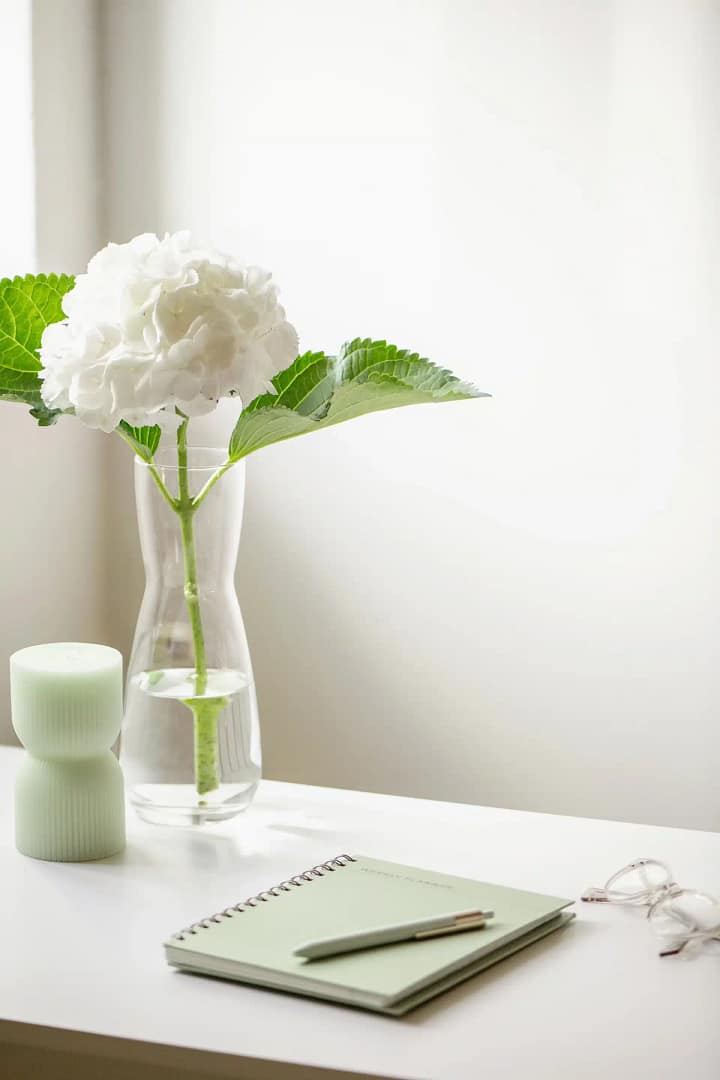 Styled Stock Society Light Green Workspace 23 A clear glass vase with a white hydrangea flower sits on a white table against a light background, accompanied by a green notebook, pen, eyeglasses, and a small white candle holder.